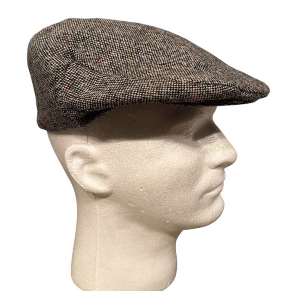 Vtg Hats of Ireland Castlebar Gray Marled Speckled Tweed Flat Cap Driving Hat M
